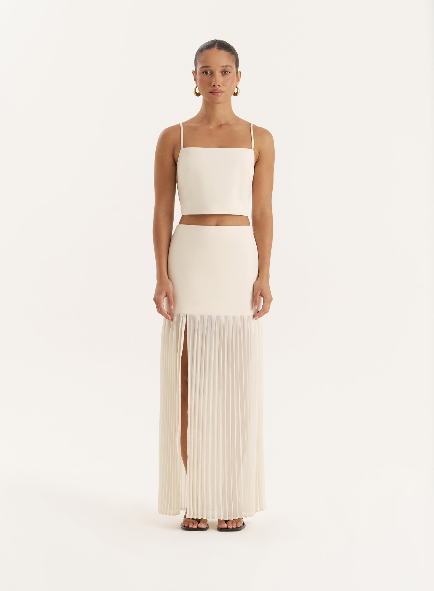Cream Side Split Pleated Maxi Skirt